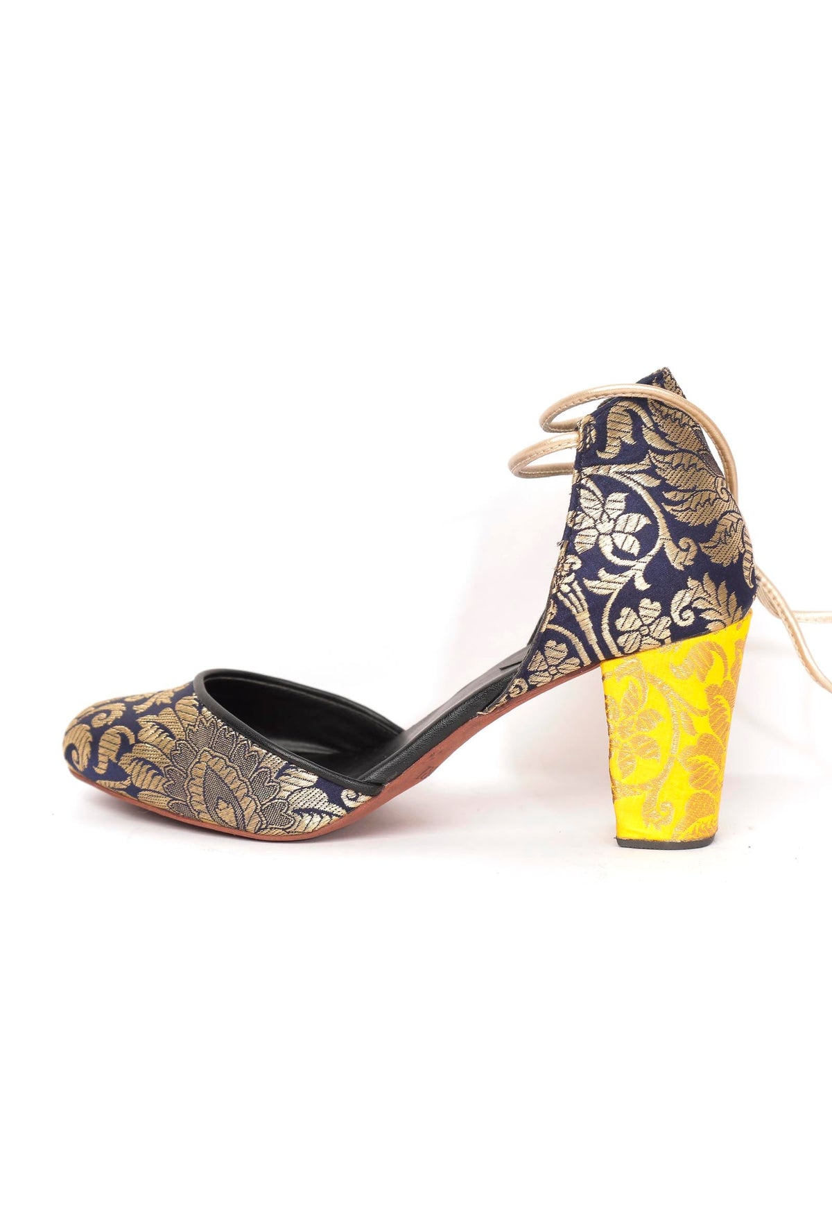 Royal Blue with Yellow Brocade Lace Up Block Heels サイズ EU38