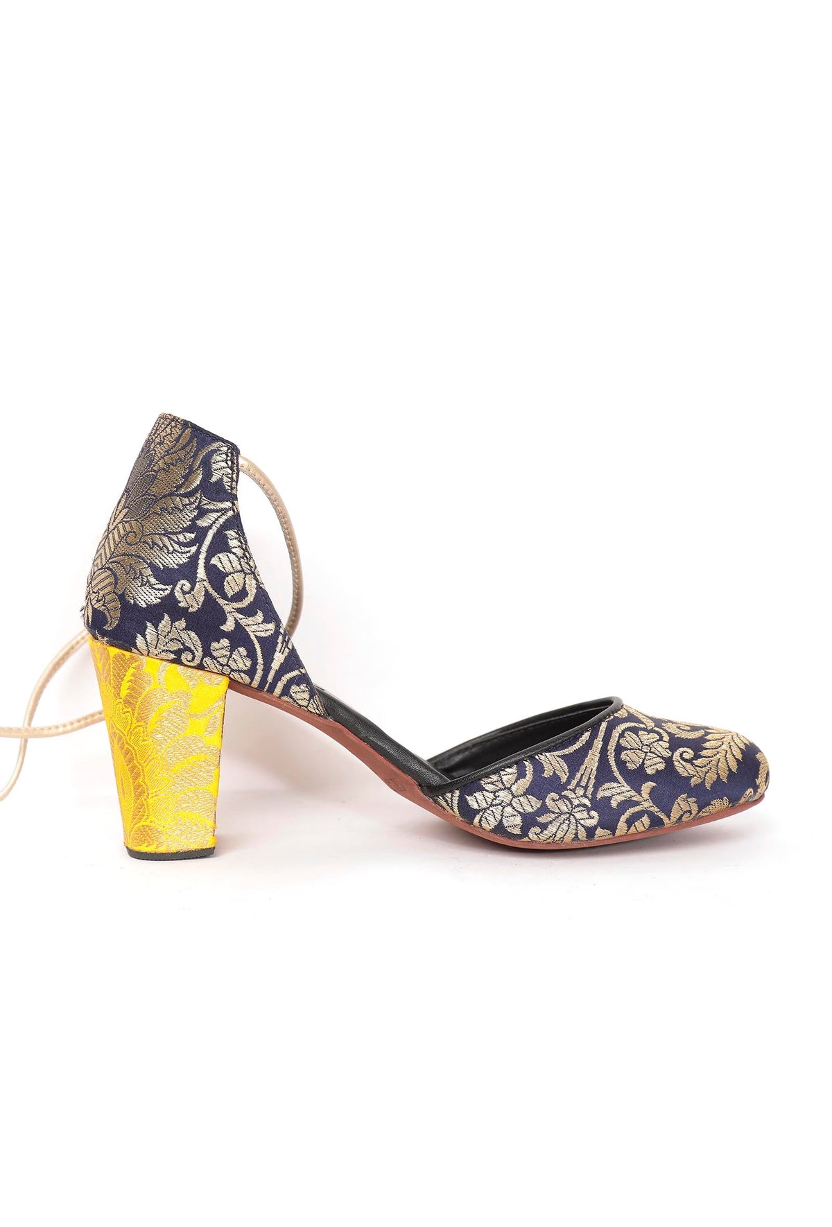 Royal Blue with Yellow Brocade Lace Up Block Heels サイズ EU38