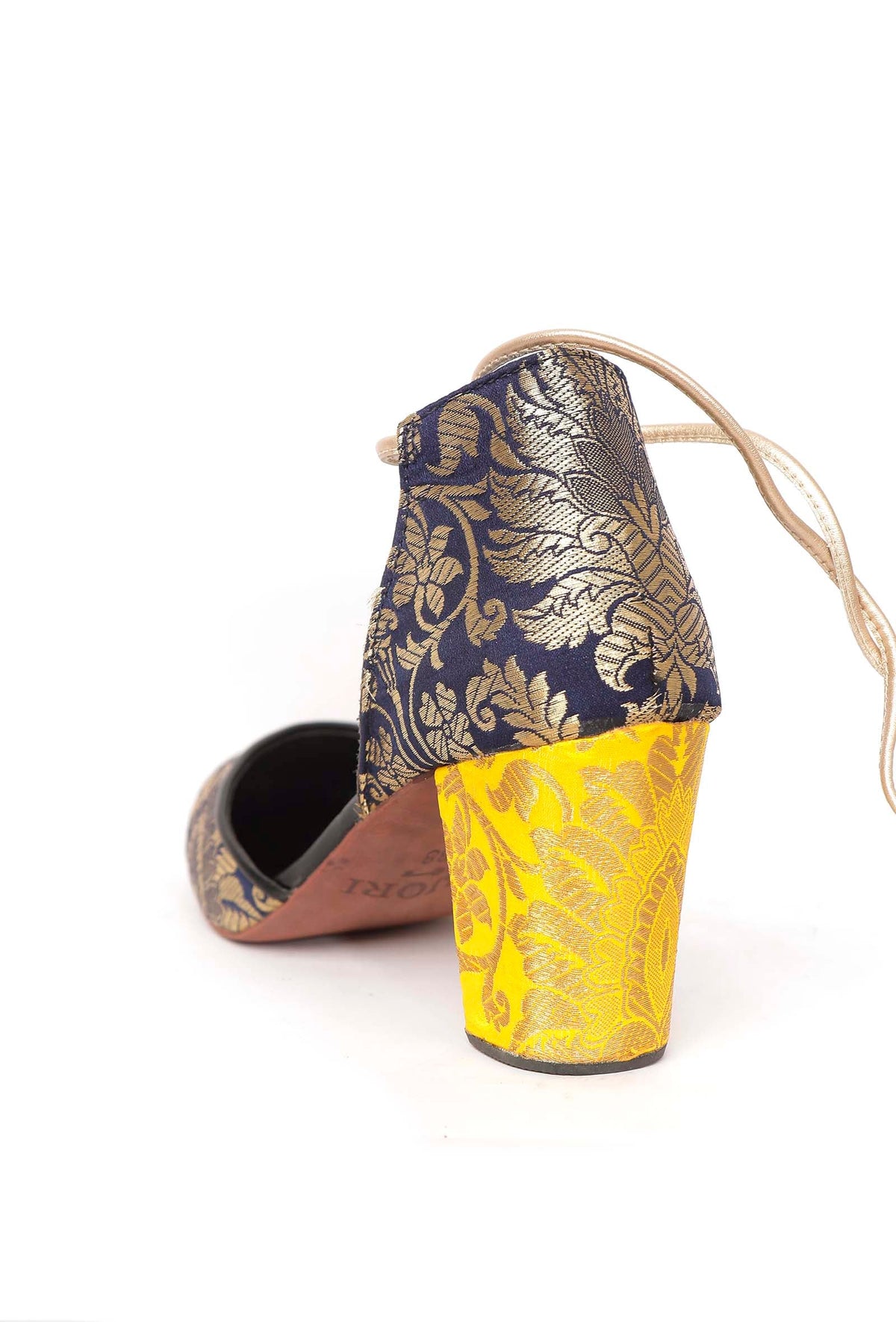 Royal Blue with Yellow Brocade Lace Up Block Heels サイズ EU37