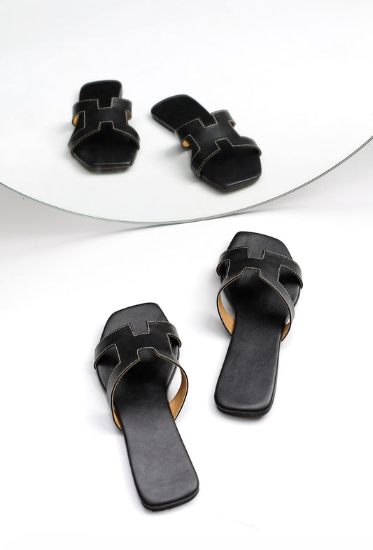 Boho Black Cruelty Free Leather Sliders サイズ EU38