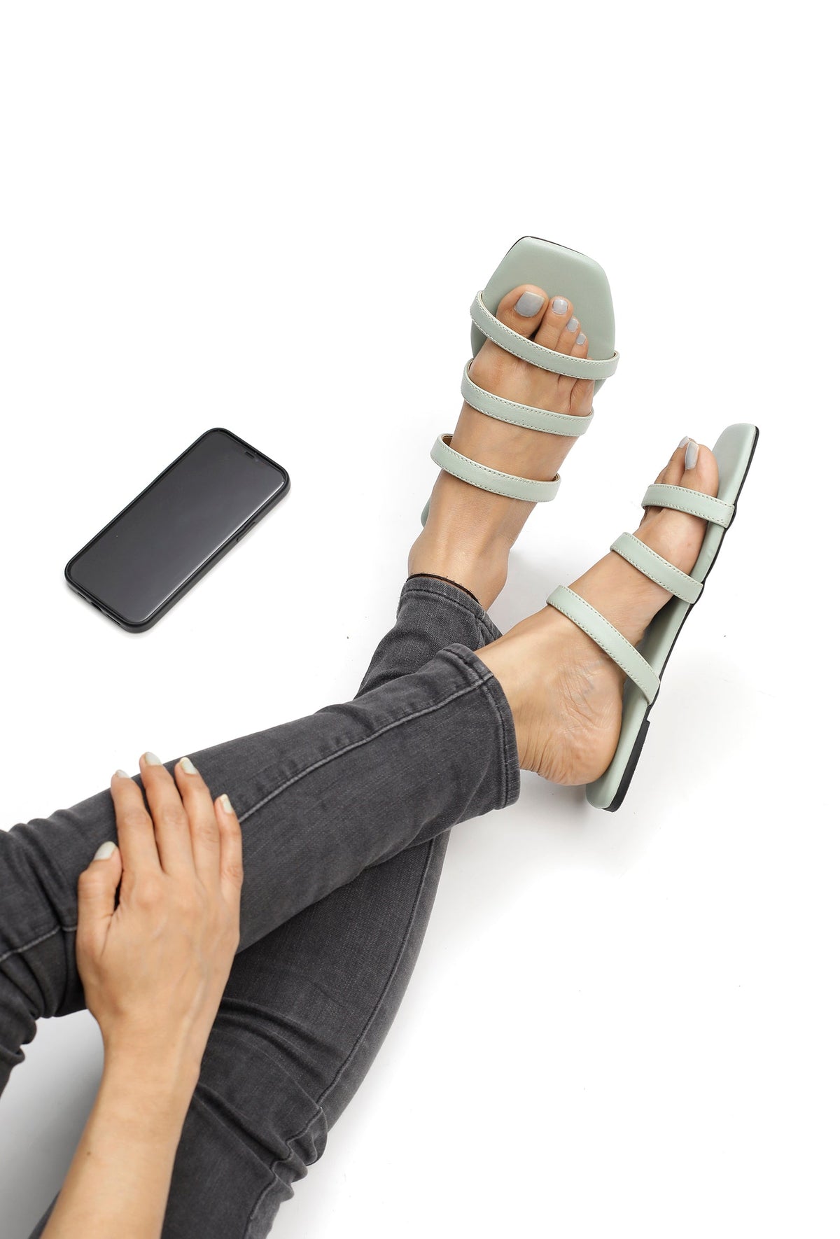 Mint Green Three Strap Cruelty Free Leather Flats サイズ EU38