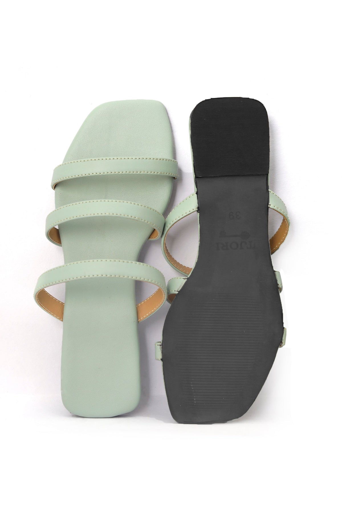 Mint Green Three Strap Cruelty Free Leather Flats サイズ EU36