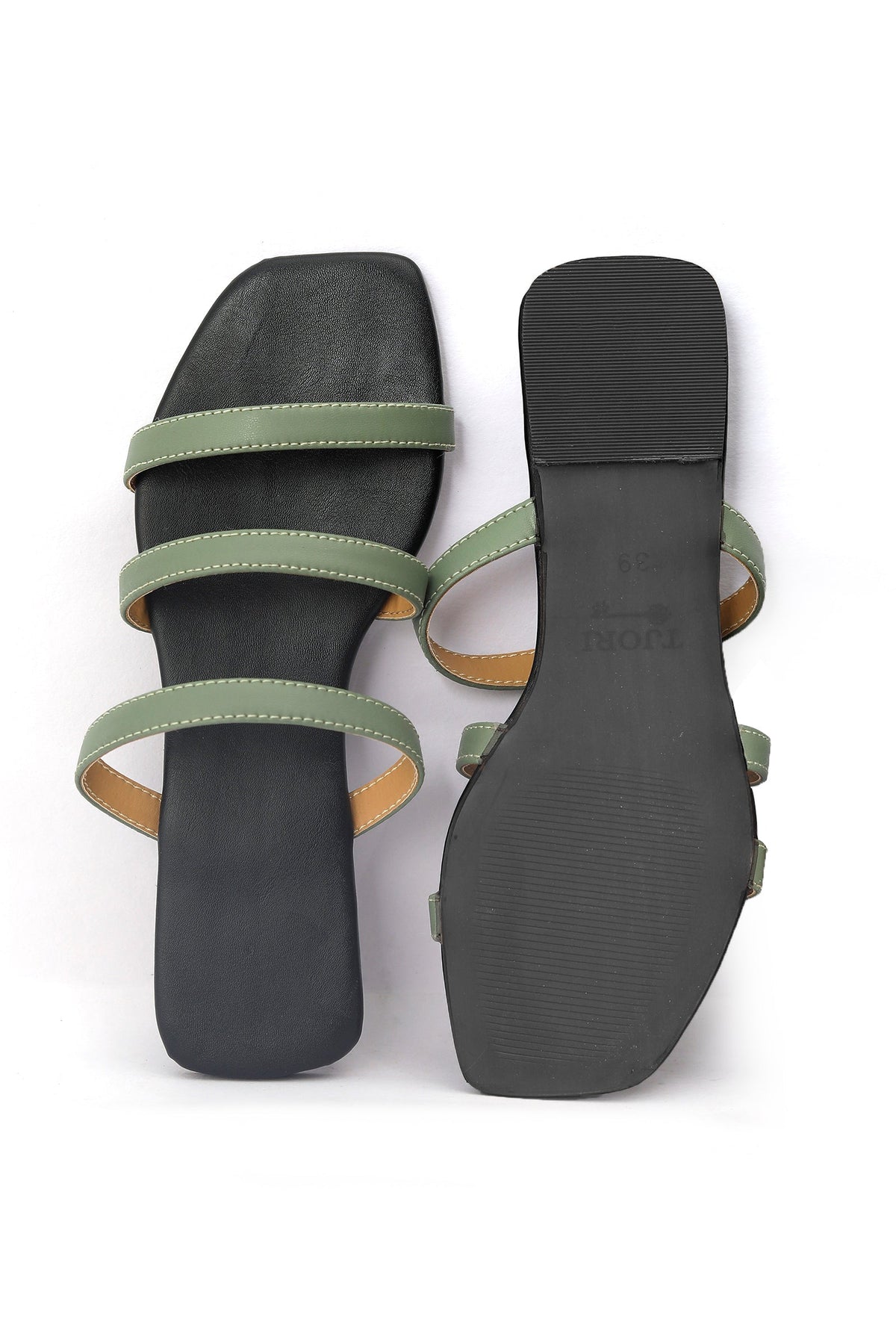 Green Straps Black Sole Cruelty Free Leather Flats サイズ EU35