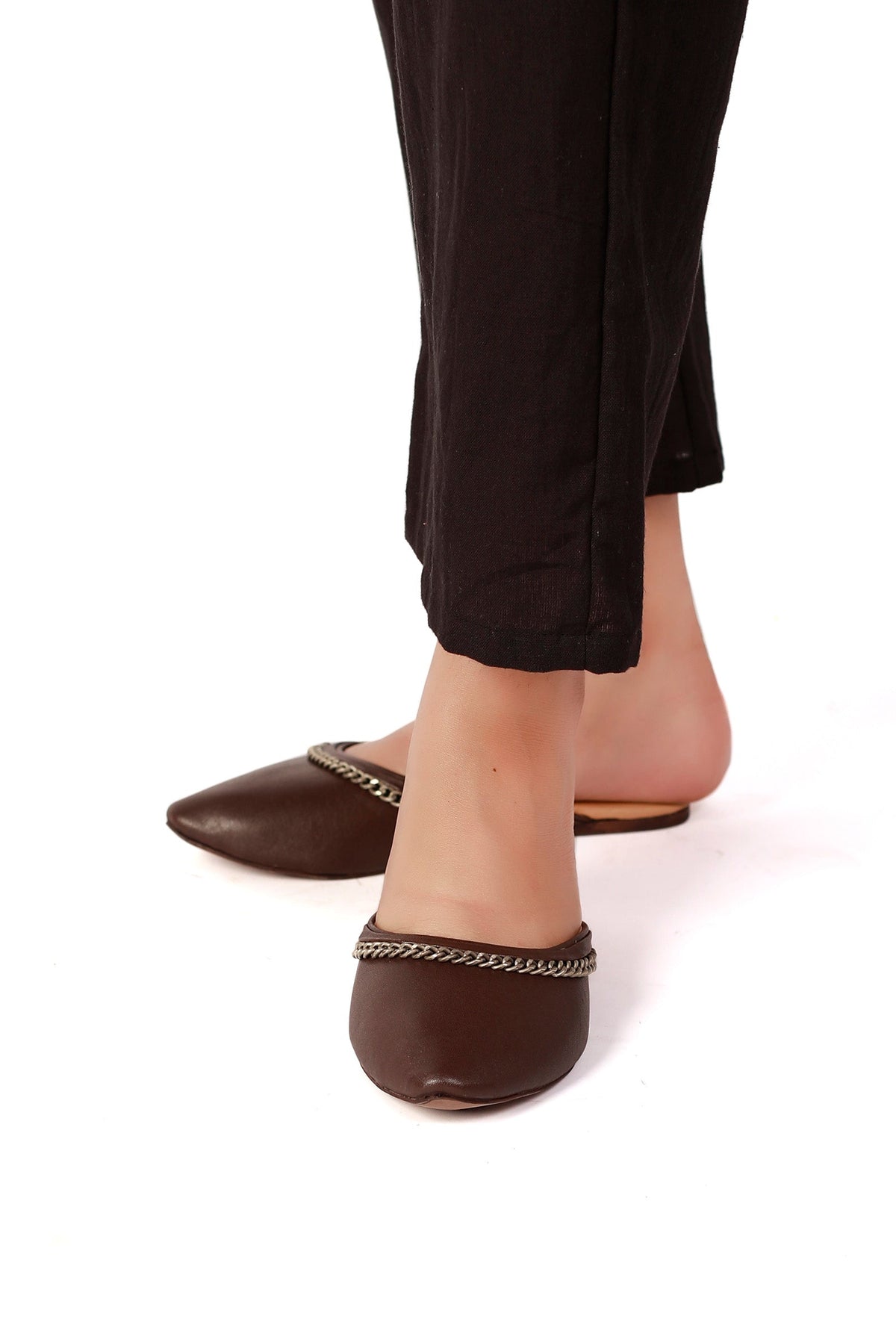 Wood Brown Chain Cruelty-Free Leather Mules サイズ EU40