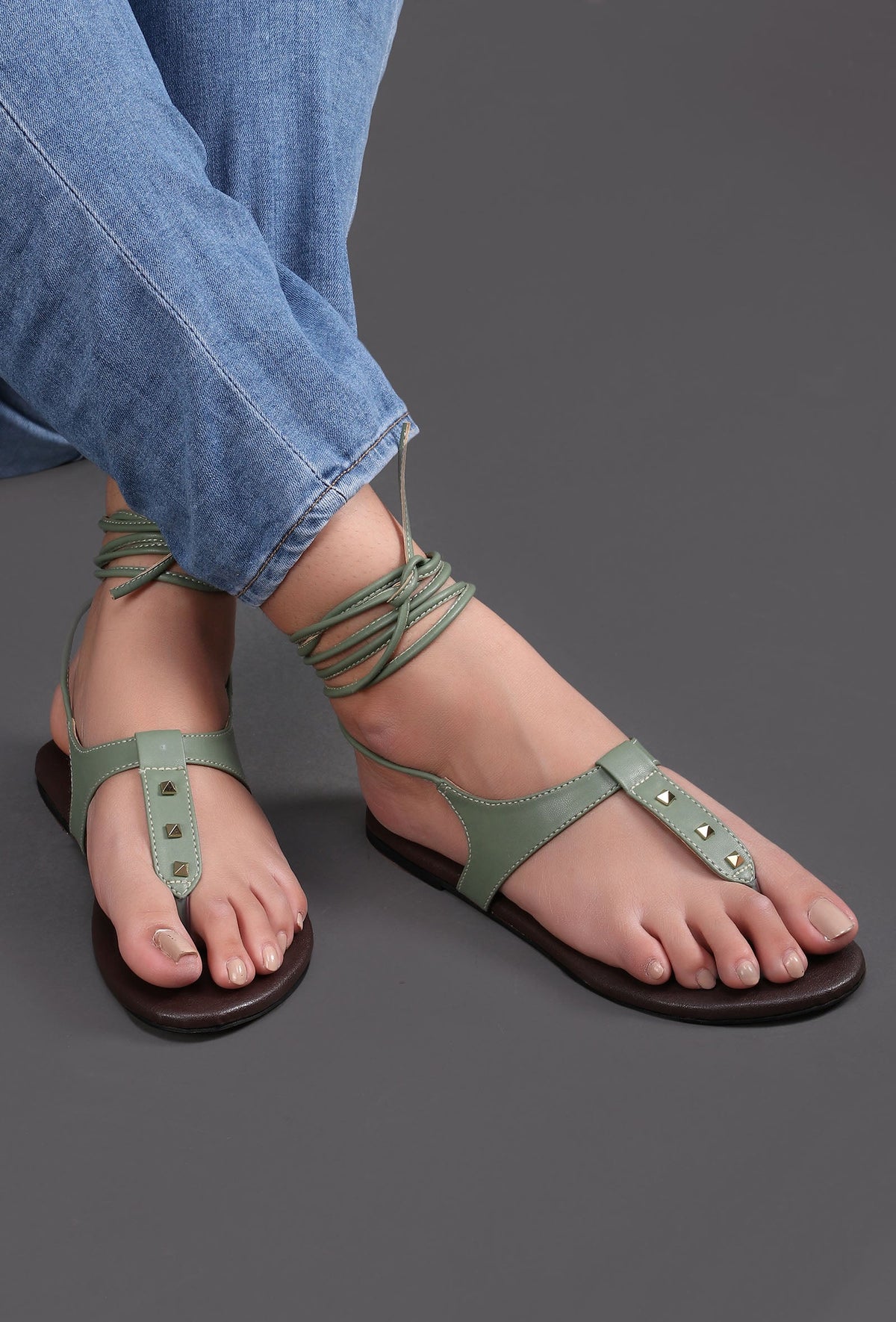 Olive Green Summer Tie Up Flats サイズ EU35