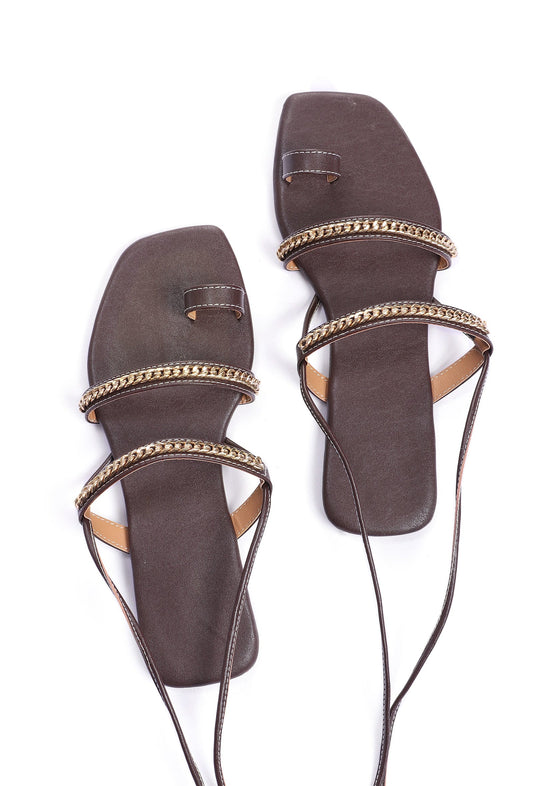 Brown Linked Chain Summer Tie Up Flats サイズ EU38