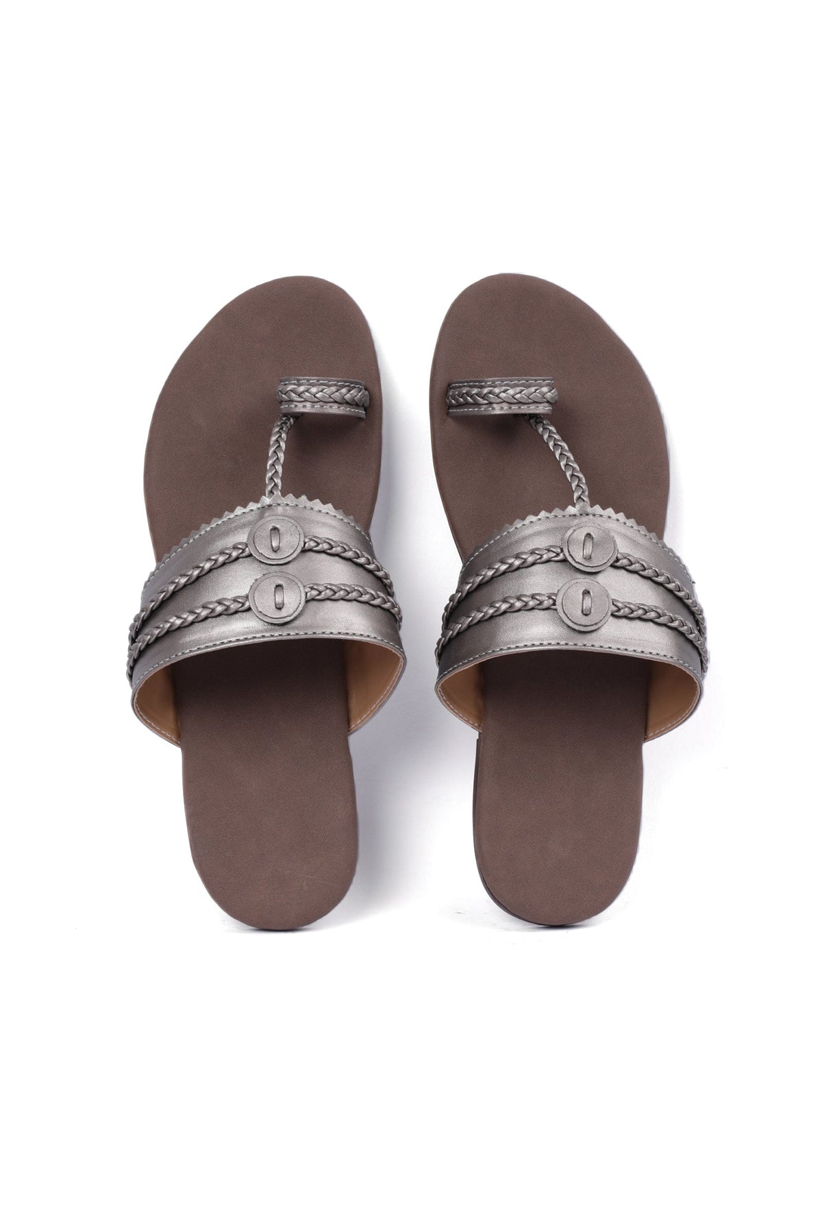 Silver and Brown Cruelty-Free Leather Kolhapuri Chappals サイズ EU35