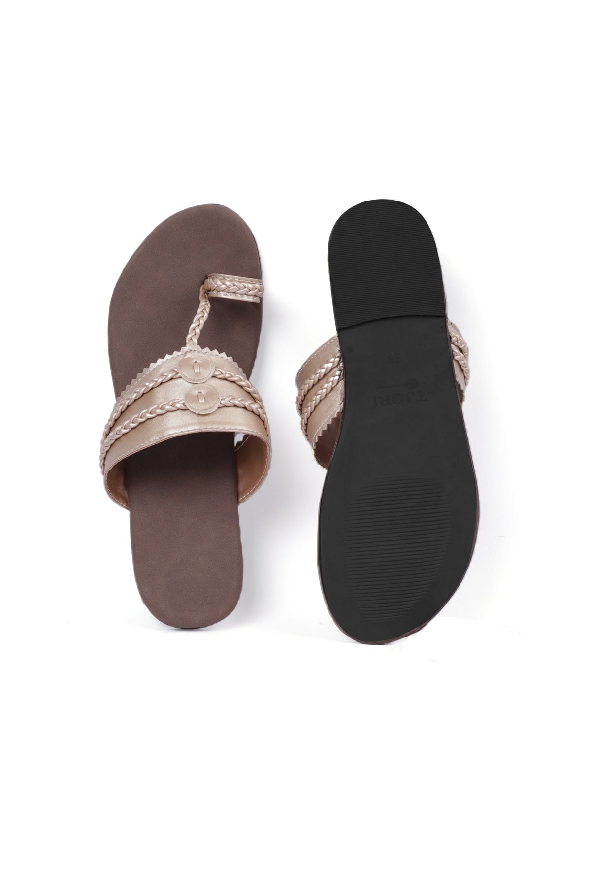 Golden and Brown Cruelty Free Leather Inspired Kolhapuri サイズ EU40