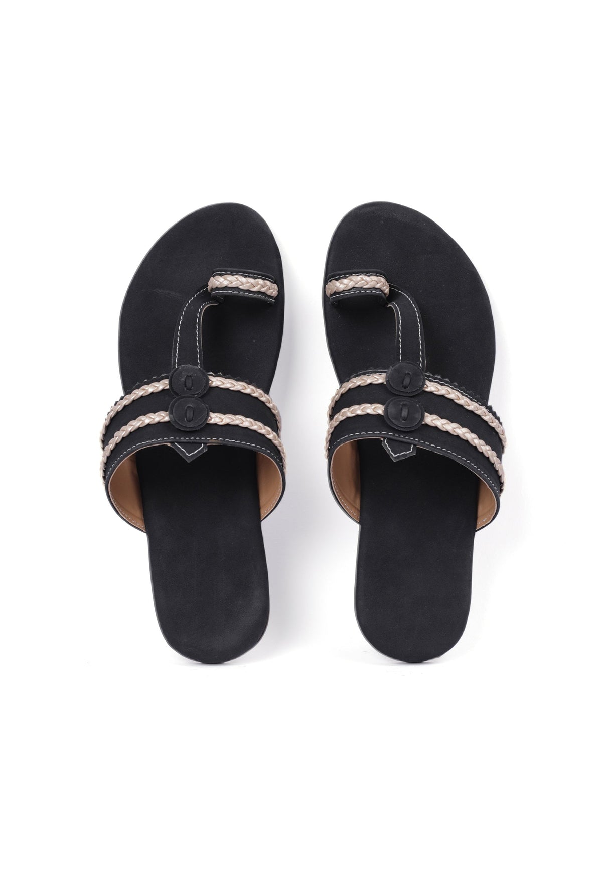 Black Cruelty Free Leather Inspired Kolhapuri with Golden Braidings サイズ EU38