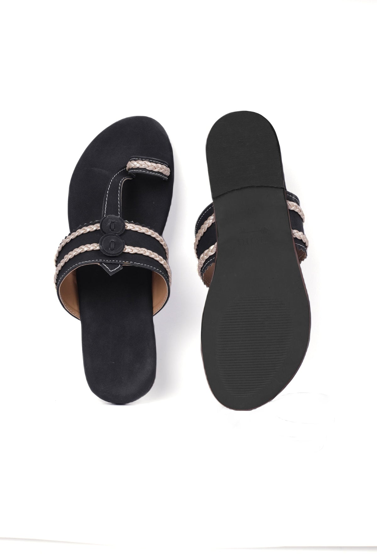 Black Cruelty Free Leather Inspired Kolhapuri with Golden Braidings サイズ EU38