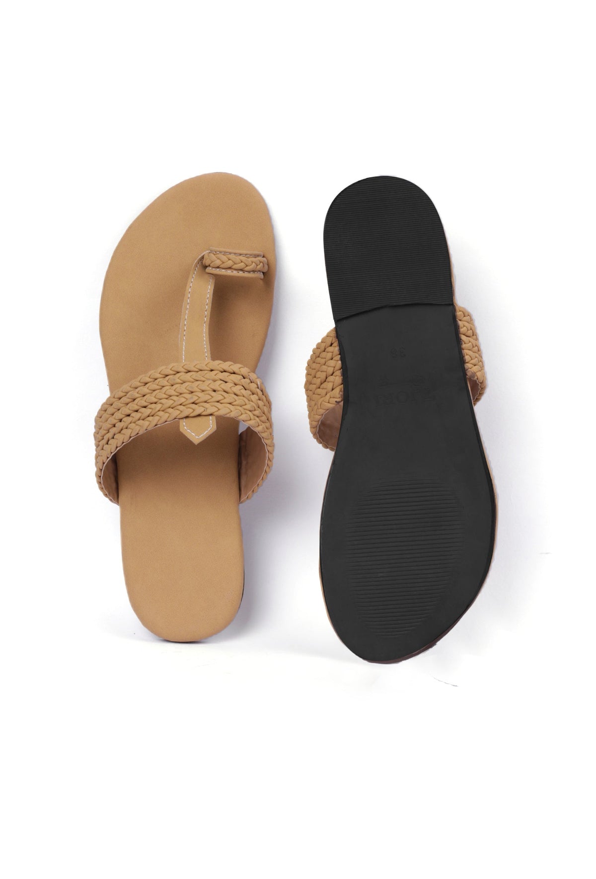 Camel Brown Cruelty Free Leather Inspired Kolhapuri with Multiple Braidings サイズ EU35