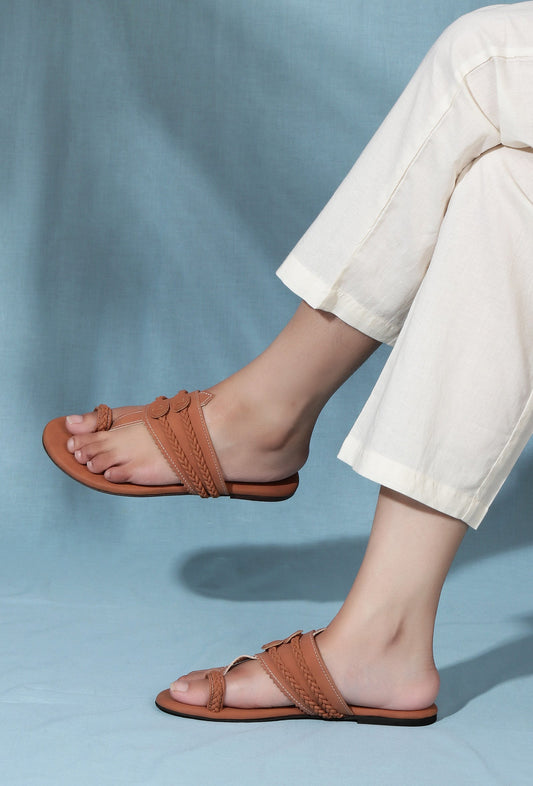 Tan Brown Cruelty Free Leather Inspired Kolhapuri サイズ EU38