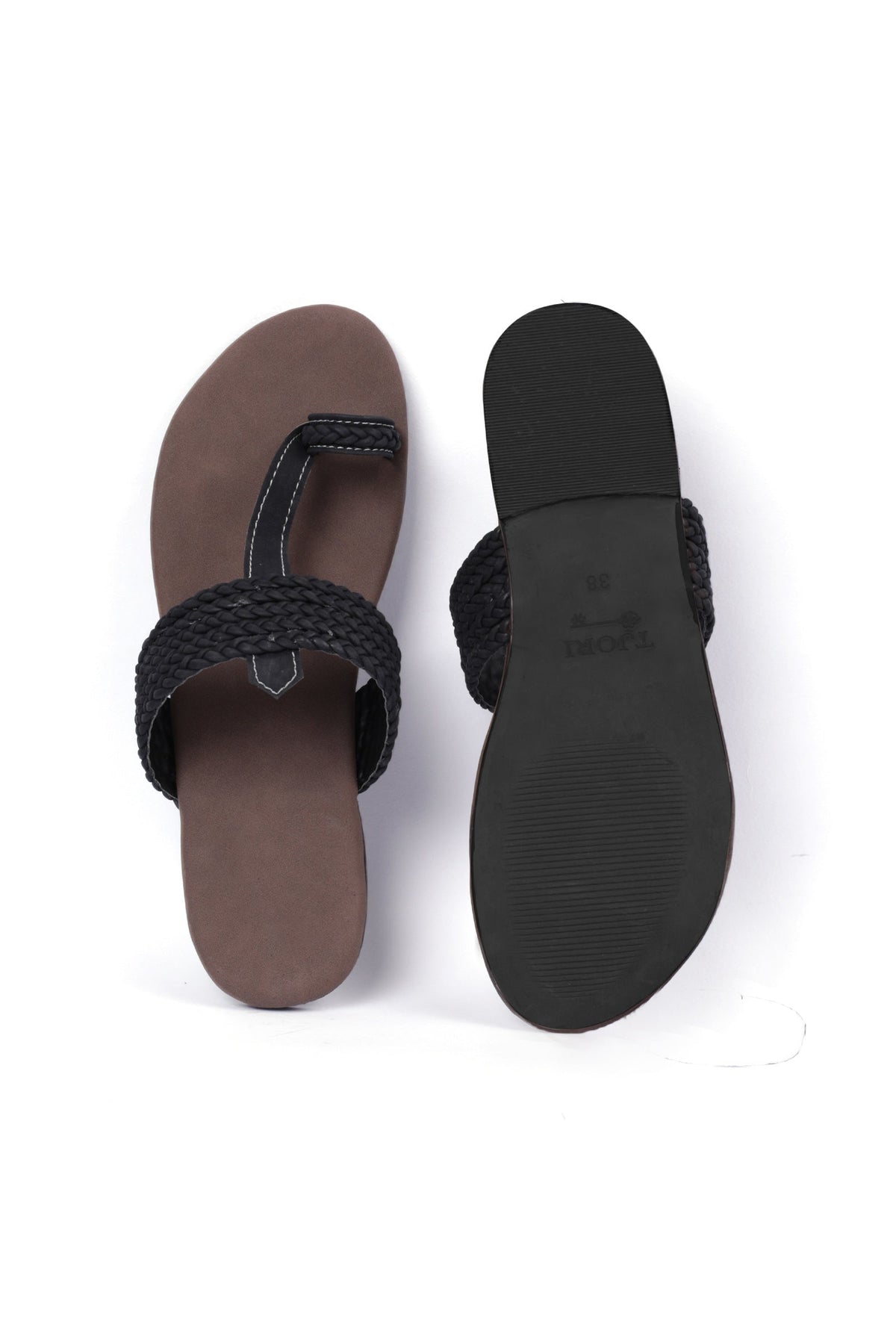 Brown and Black Cruelty Free Leather Inspired Kolhapuri with Multiple Braidings サイズ EU38