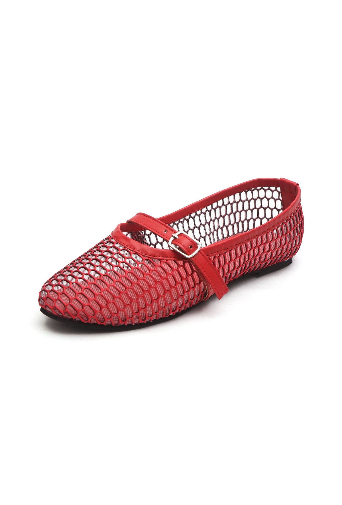 Red Scarlet Mesh Mary Jane Flats with an Adjustable Buckle サイズ EU36