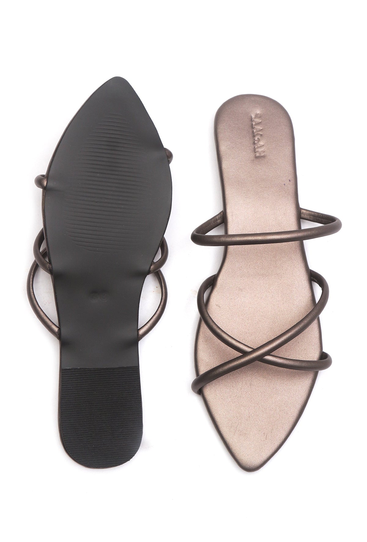 Metallic Taupe Cross-Strap Flat Slides サイズ EU39