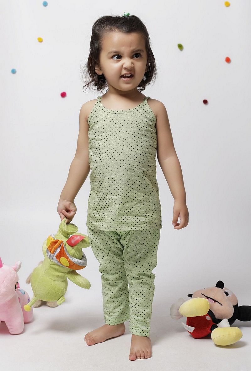 Set of 2: Aileana Green Cotton Handblock Printed Polka Dots Slip and Polka Dot Handblock Cotton Elastic Pants サイズ 4〜5歳