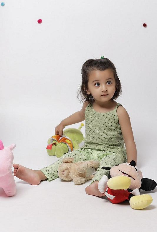 Set of 2: Aileana Green Cotton Handblock Printed Polka Dots Slip and Polka Dot Handblock Cotton Elastic Pants サイズ 4〜5歳