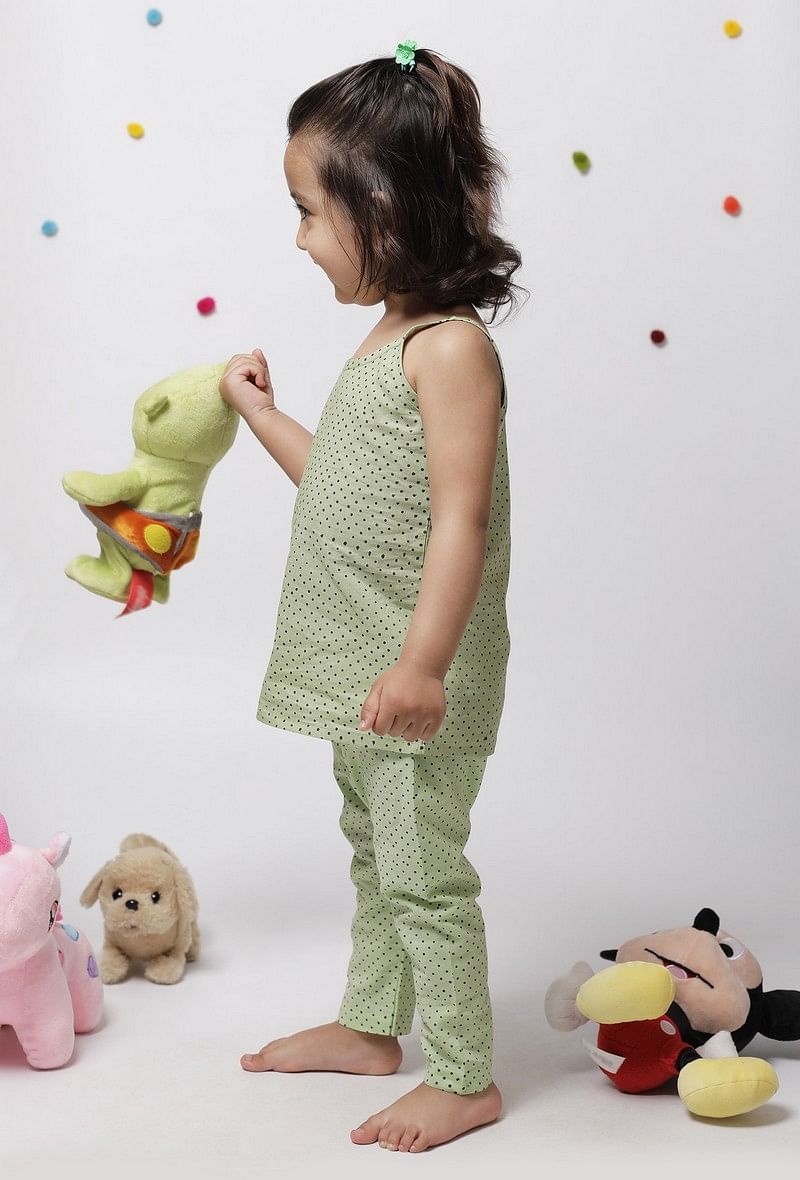Set of 2: Aileana Green Cotton Handblock Printed Polka Dots Slip and Polka Dot Handblock Cotton Elastic Pants サイズ 4〜5歳
