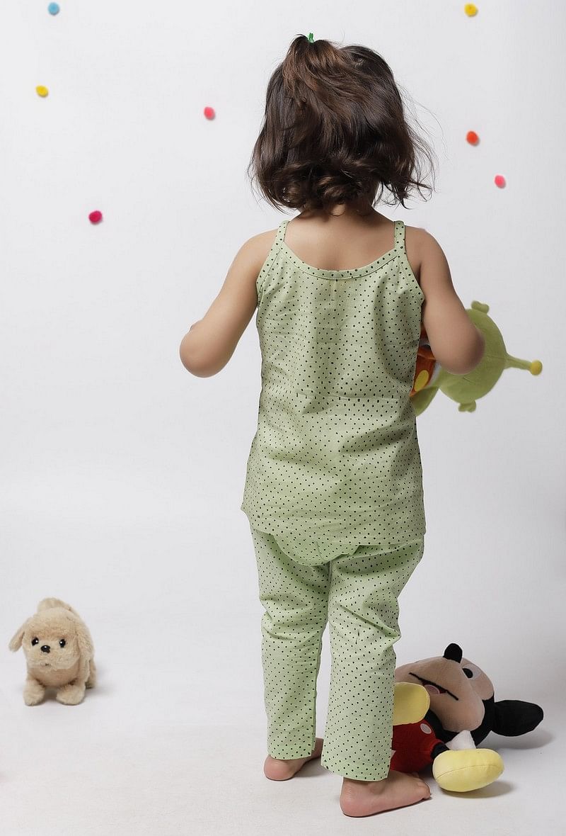Set of 2: Aileana Green Cotton Handblock Printed Polka Dots Slip and Polka Dot Handblock Cotton Elastic Pants サイズ 0〜3か月