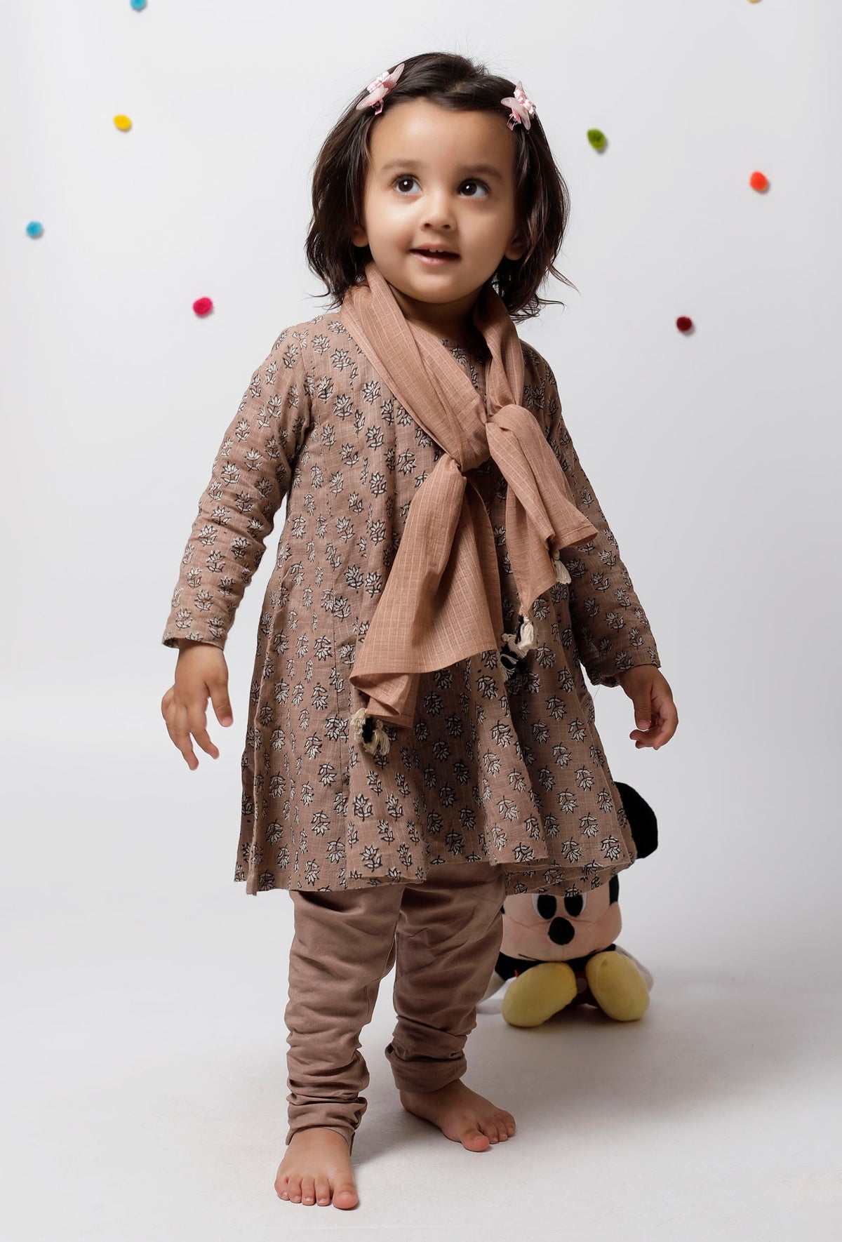 Set of 3: Inaya Brown Floral Handblock Printed Kota Kurta with Cotton Churidar and Kota Dupatta サイズ 9〜12か月