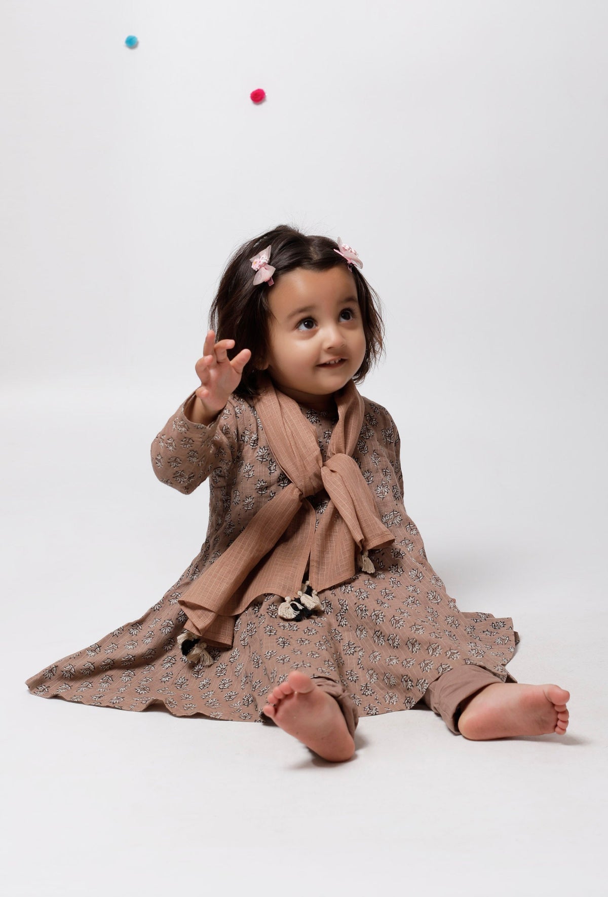 Set of 3: Inaya Brown Floral Handblock Printed Kota Kurta with Cotton Churidar and Kota Dupatta サイズ 9〜12か月