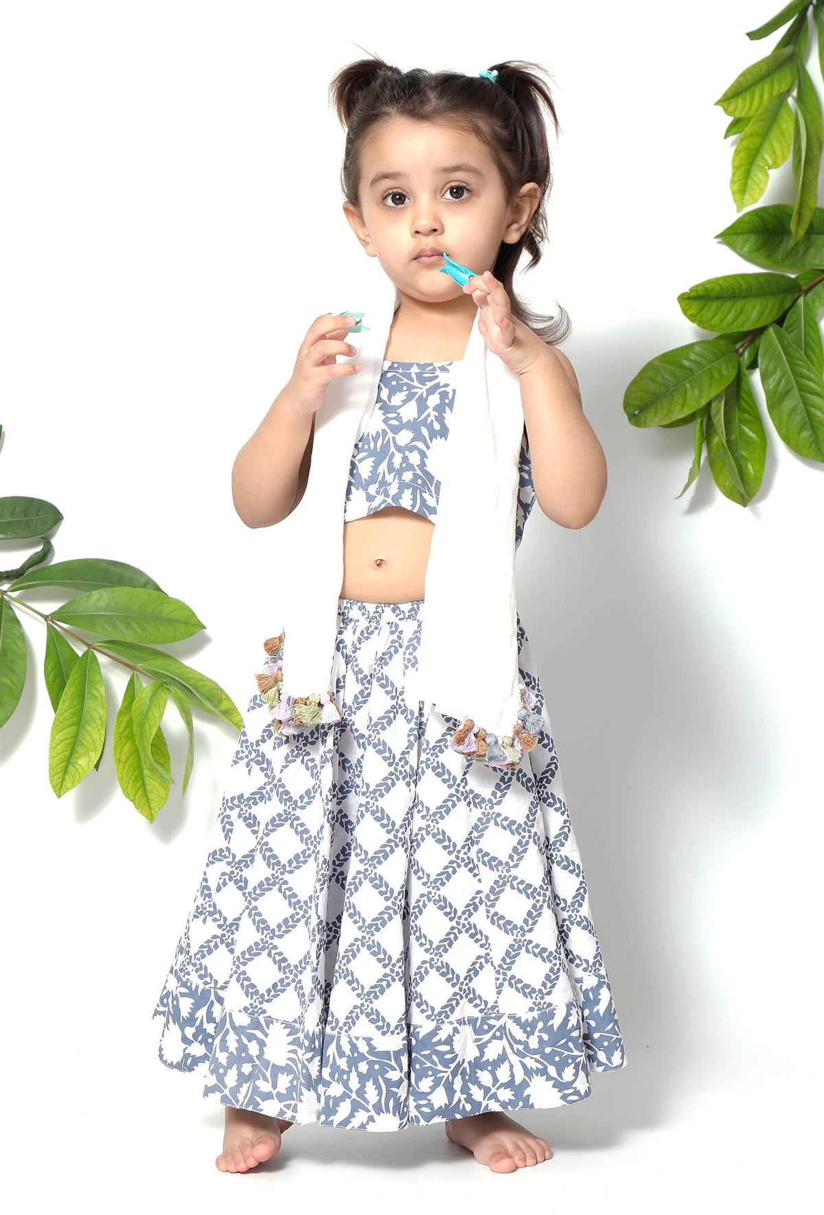 Set of 3: Berry Blue Floral Handblock Cotton Lehenga Set サイズ 4〜5歳