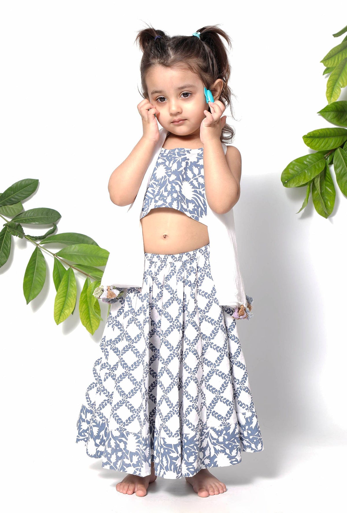 Set of 3: Berry Blue Floral Handblock Cotton Lehenga Set サイズ 6〜9か月