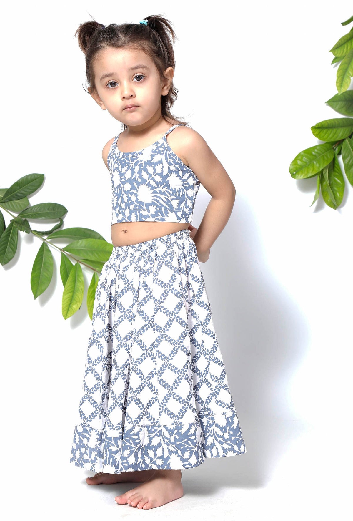 Set of 3: Berry Blue Floral Handblock Cotton Lehenga Set サイズ 4〜5歳