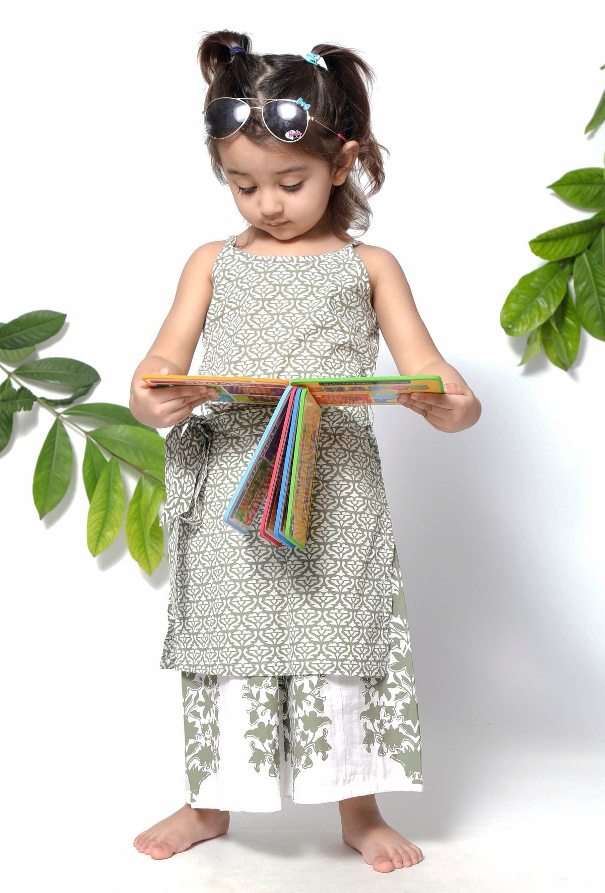 Set of 2 - Sea Green Handblock Cotton Floral Palazzo and Suit Set サイズ 12〜18か月