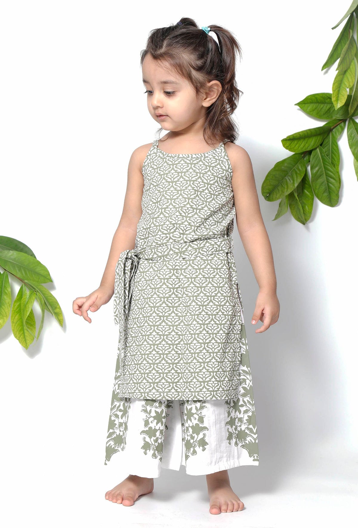 Set of 2 - Sea Green Handblock Cotton Floral Palazzo and Suit Set サイズ 3〜6か月
