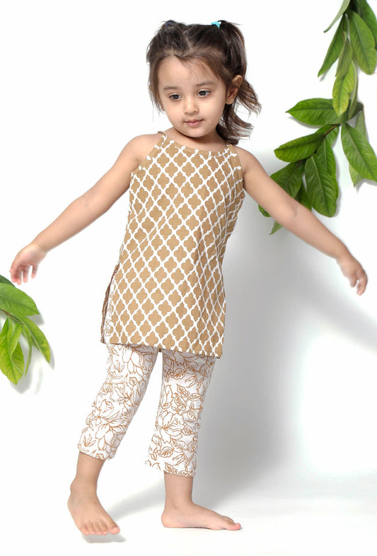 Set of 2 - Jasmine Brown Handblock Suit Slip with Cotton Pants サイズ 6〜9か月