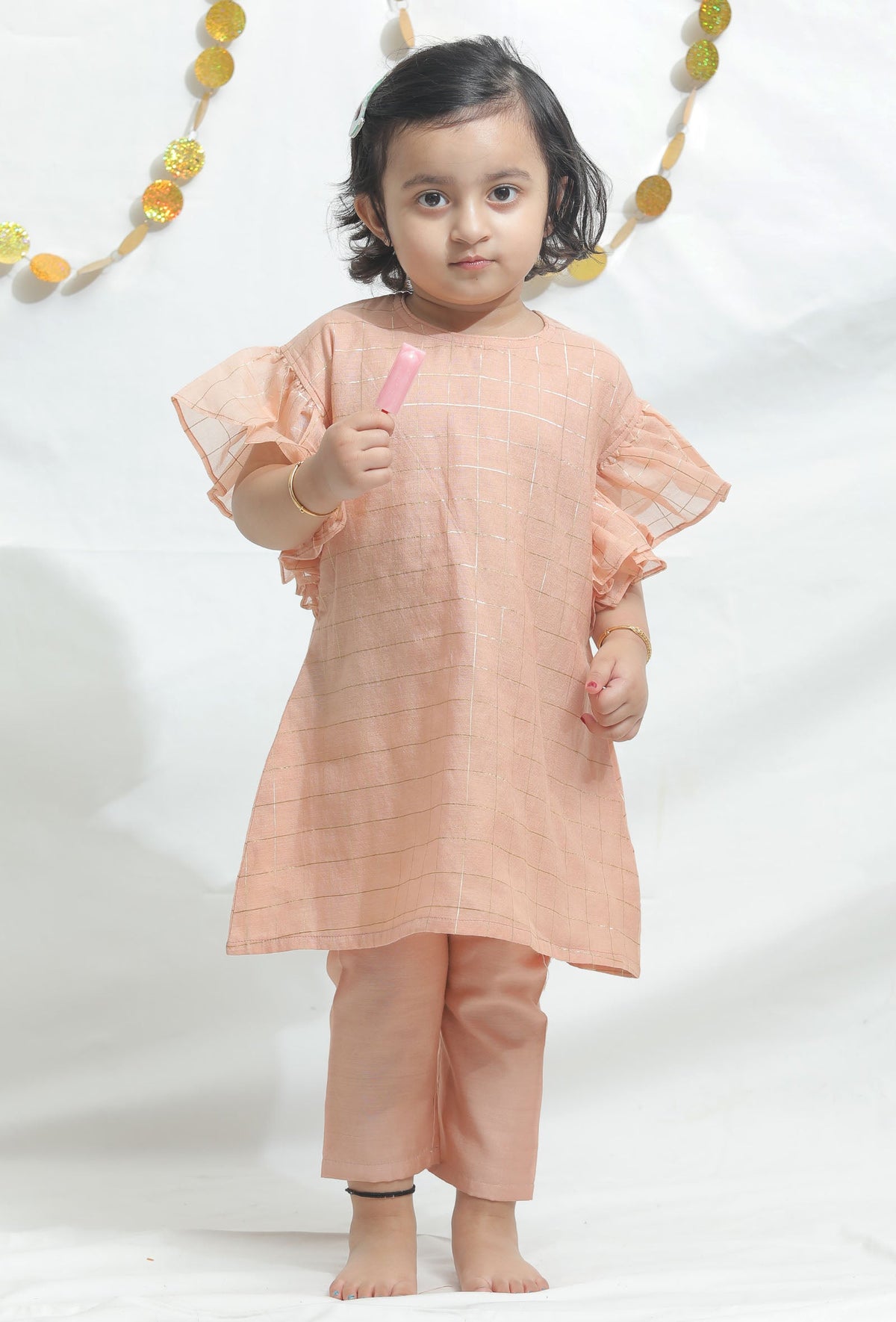 Set of 2: Peach Chanderi Kurta with Pants サイズ 3〜4歳