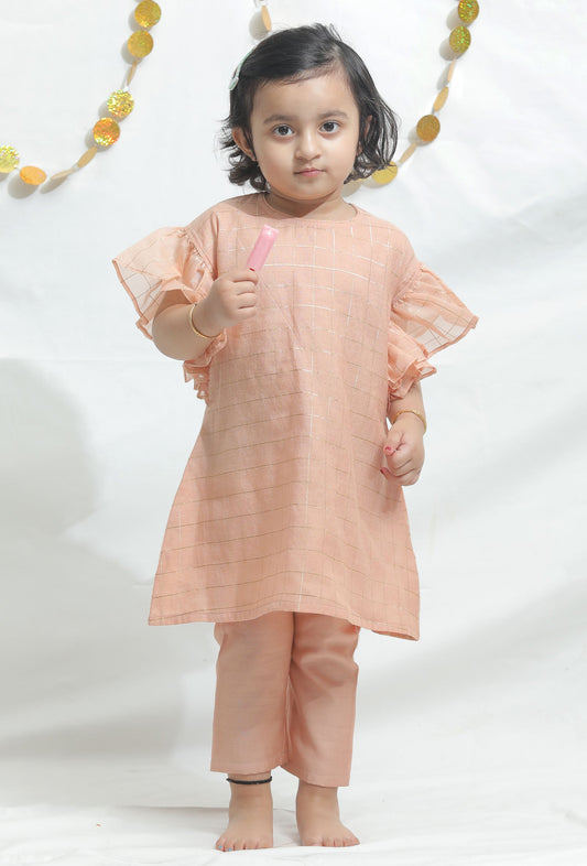 Set of 2: Peach Chanderi Kurta with Pants サイズ 3〜4歳