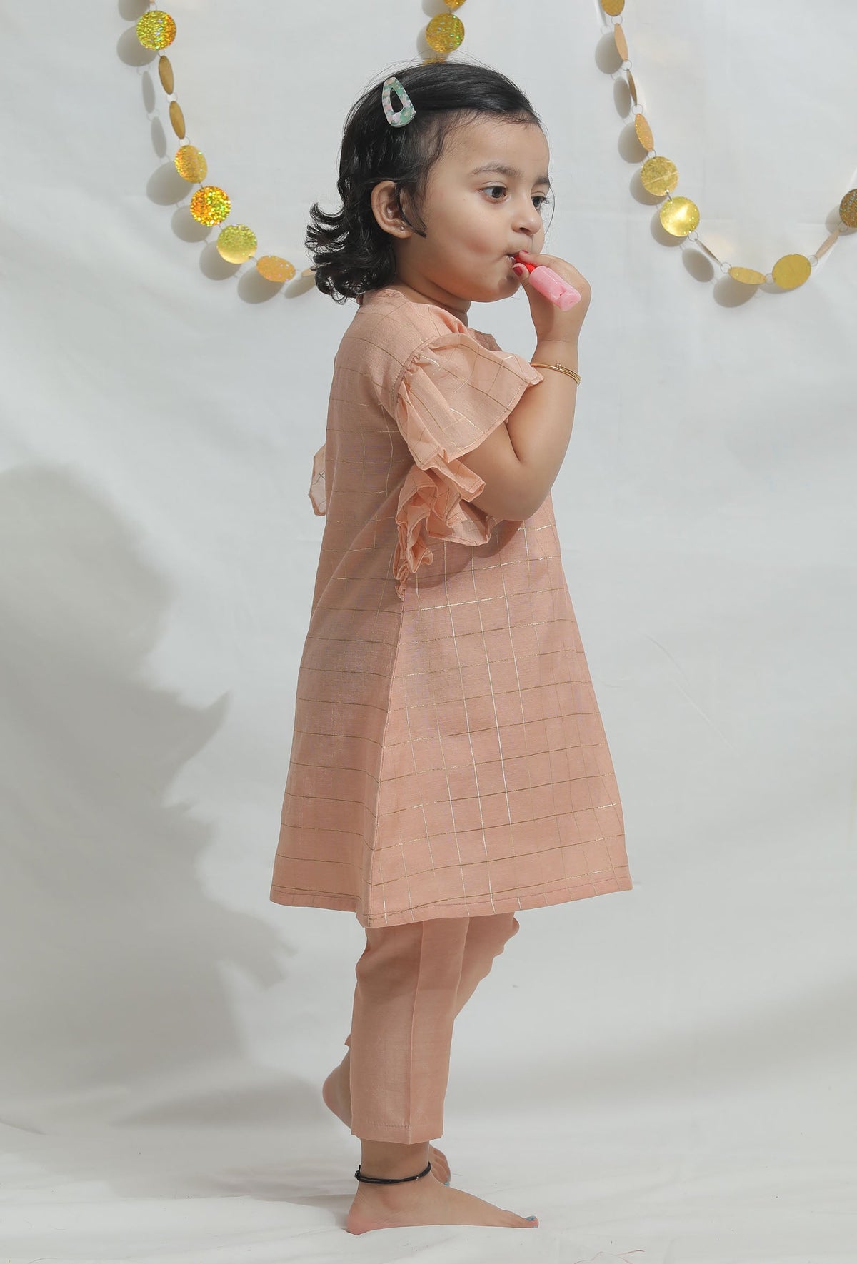 Set of 2: Peach Chanderi Kurta with Pants サイズ 2〜3歳