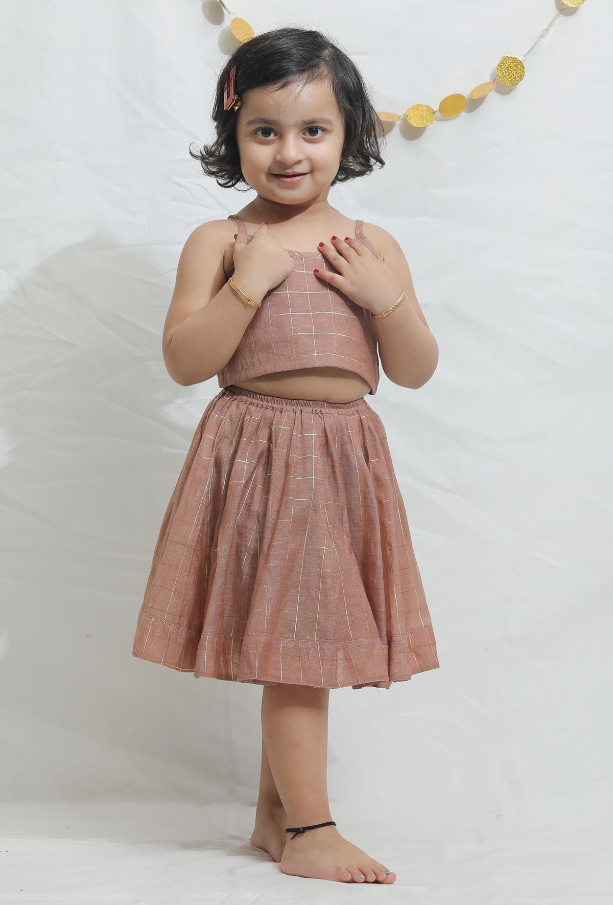 Set of 2: Light Brown Chanderi Blouse with Lehenga サイズ 2〜3歳