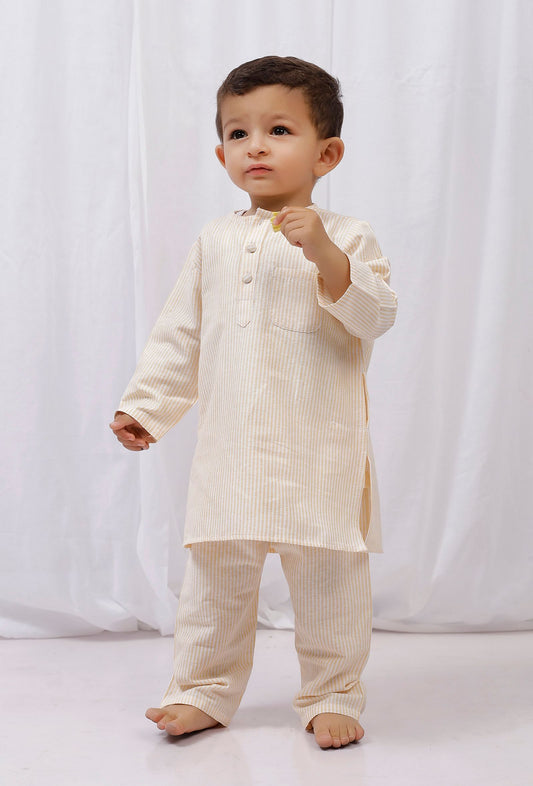 Set of 2: Yellow Striped Cotton Kurta and Pajama サイズ 1〜2歳
