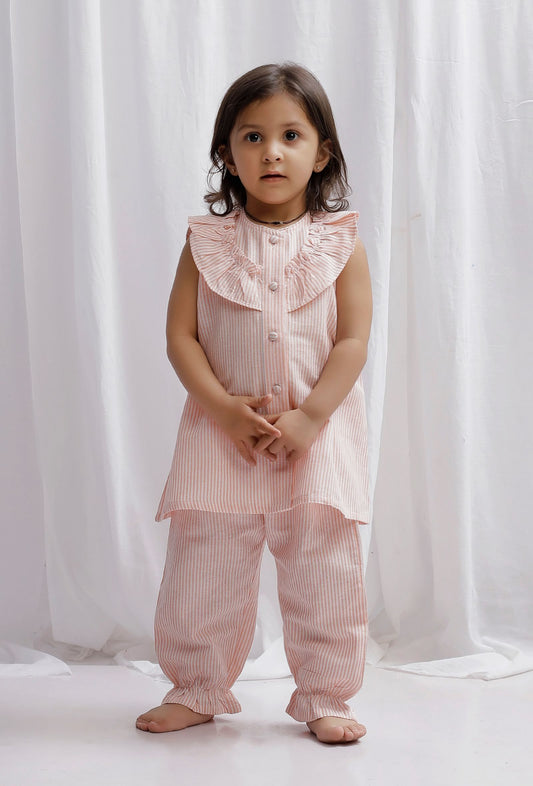 Set of 2: Orange Striped Cotton Top with Orange Striped Cotton Pants サイズ 7〜8歳