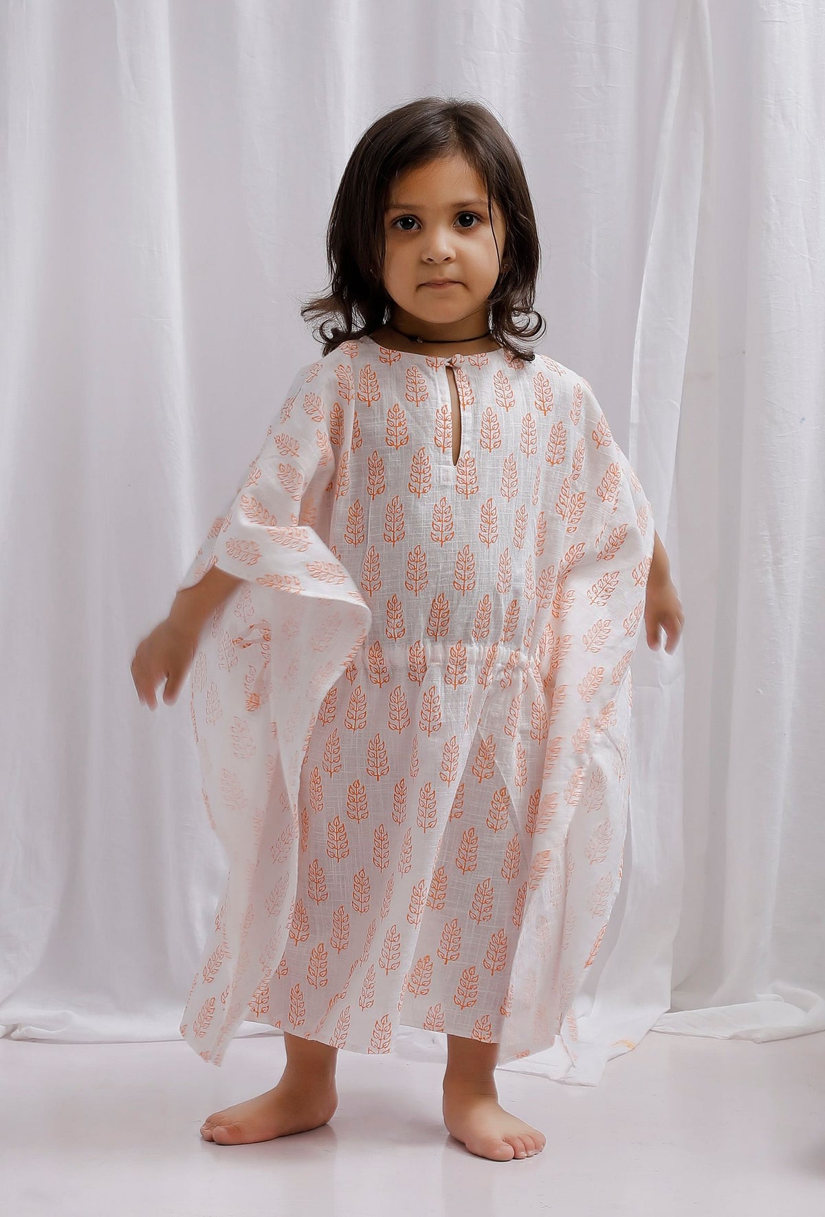 Orange Block Printed Side Tie Up Cotton Kaftan サイズ 1〜2歳
