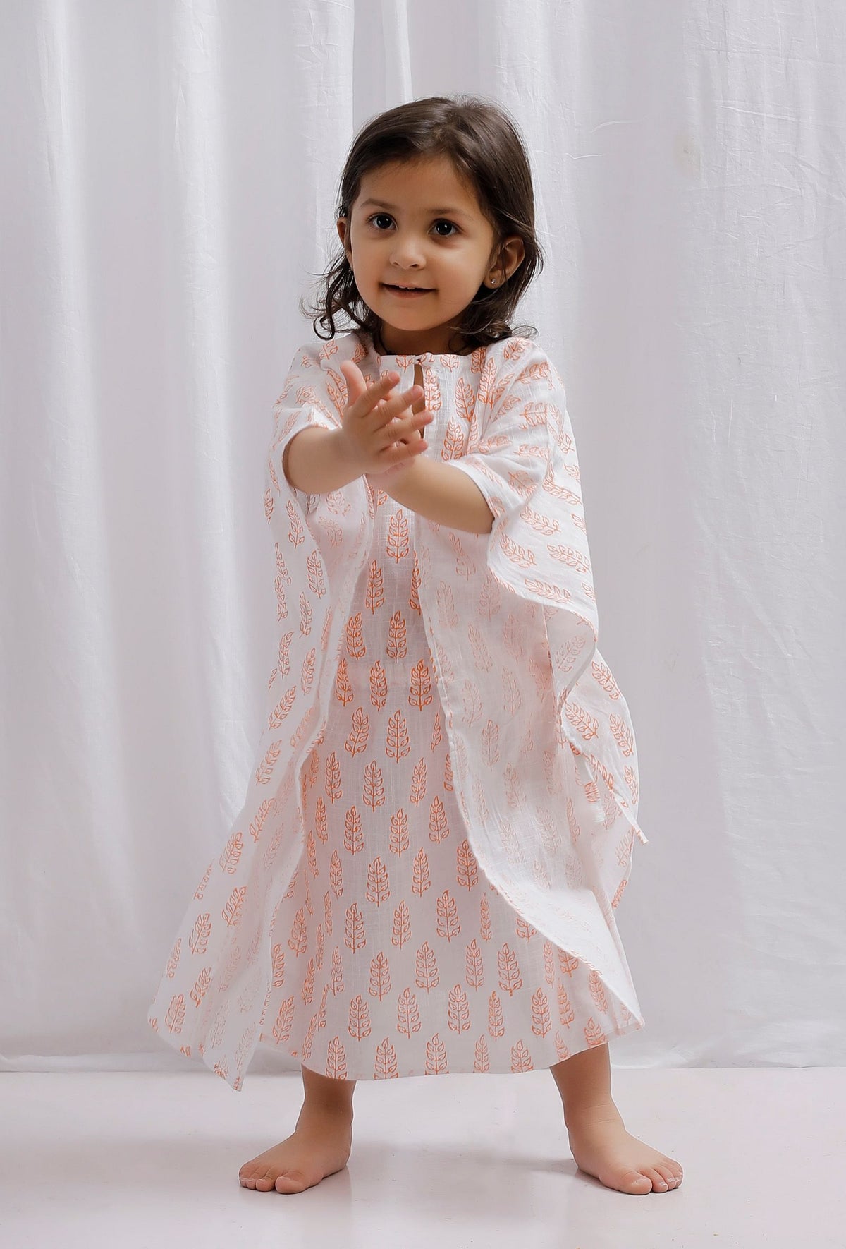 Orange Block Printed Side Tie Up Cotton Kaftan サイズ 4〜5歳