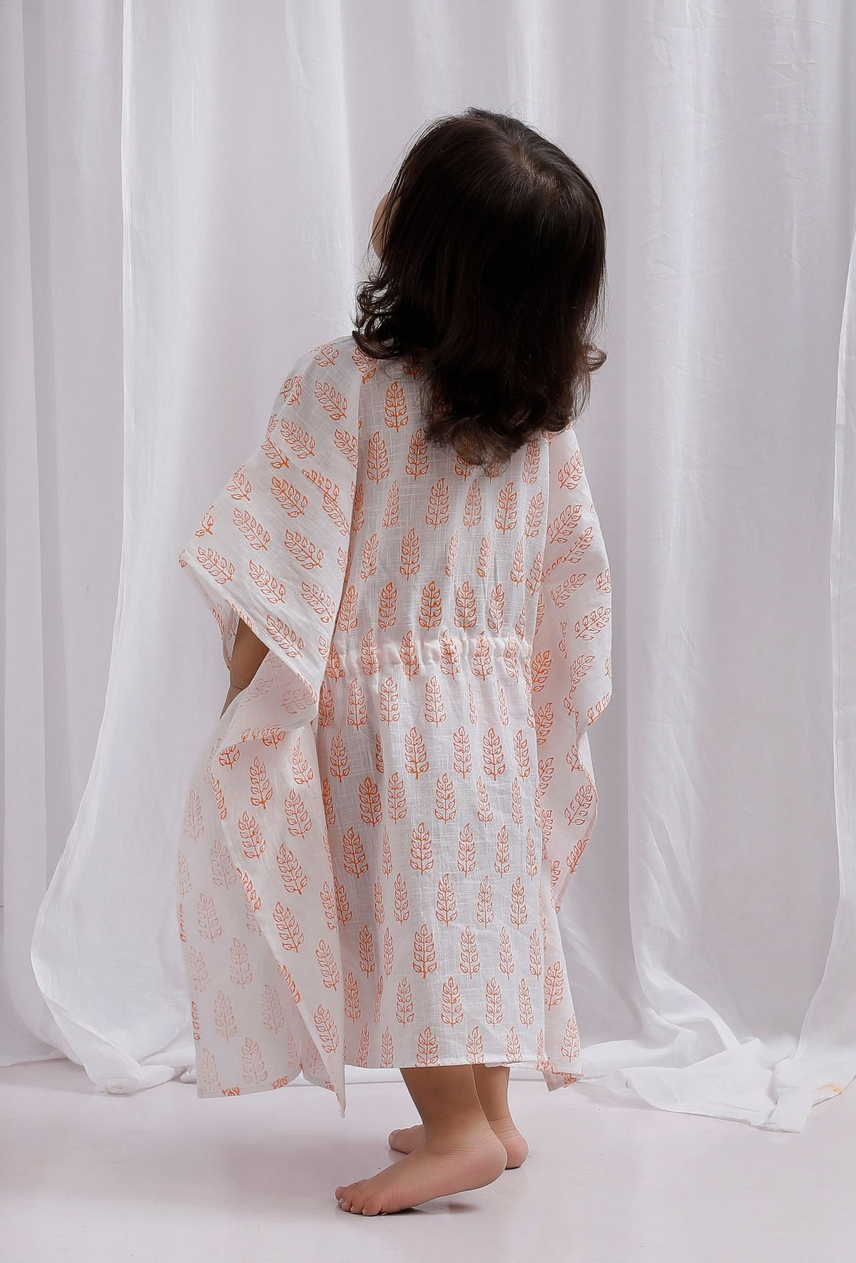 Orange Block Printed Side Tie Up Cotton Kaftan サイズ 1〜2歳