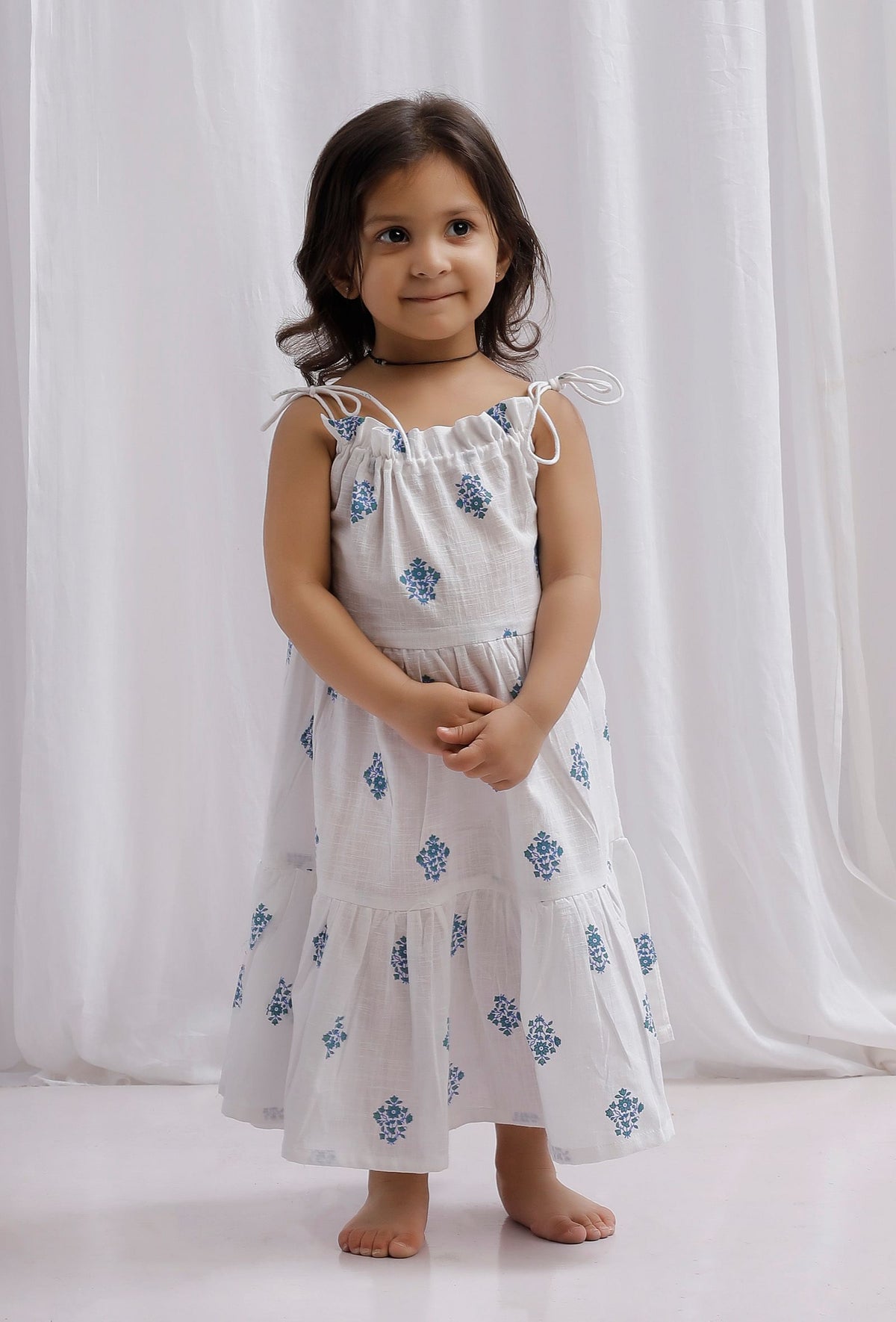 Blue Tie-up Block Printed Cotton Tier Flare Dress サイズ 2〜3歳