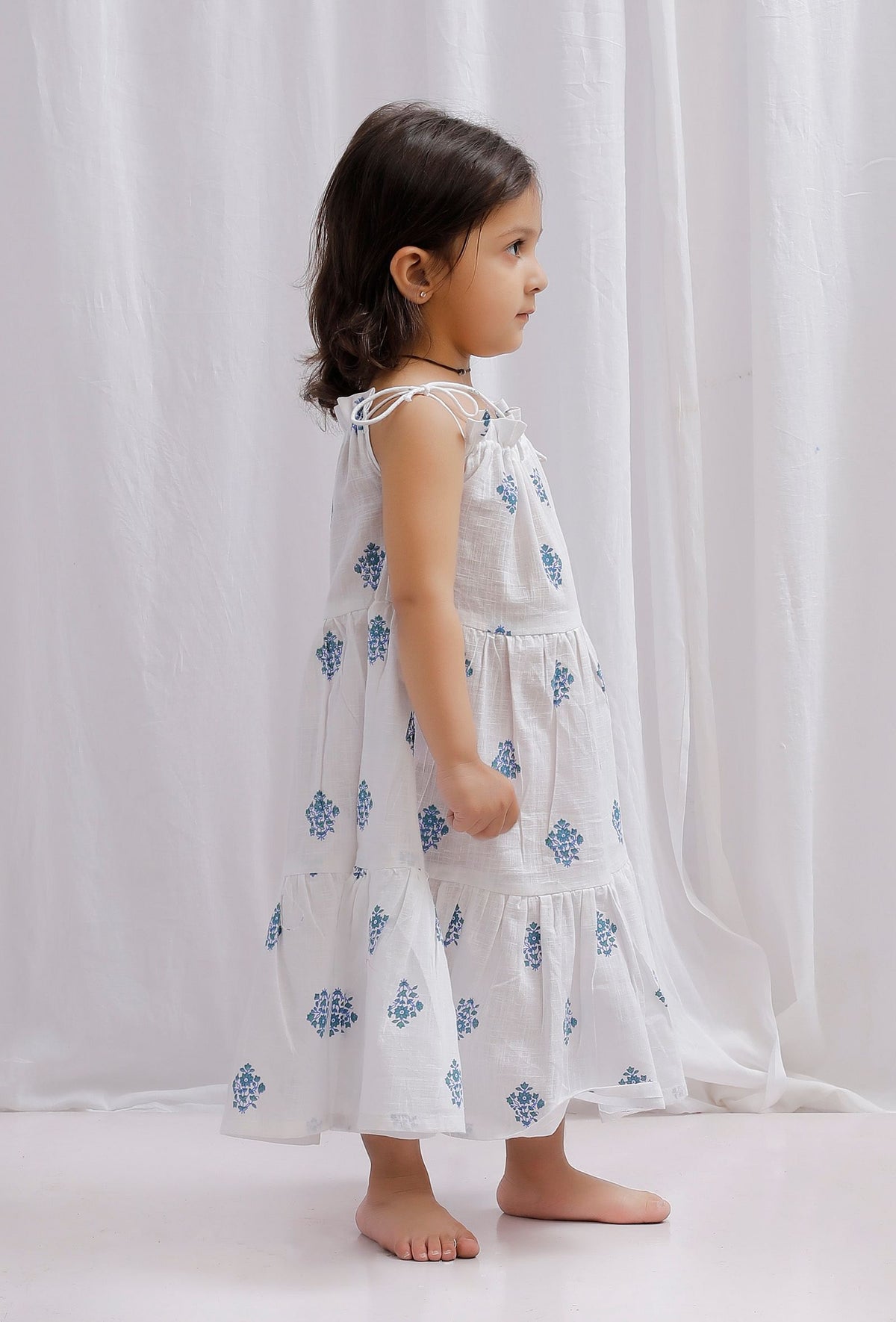 Blue Tie-up Block Printed Cotton Tier Flare Dress サイズ 8〜9歳