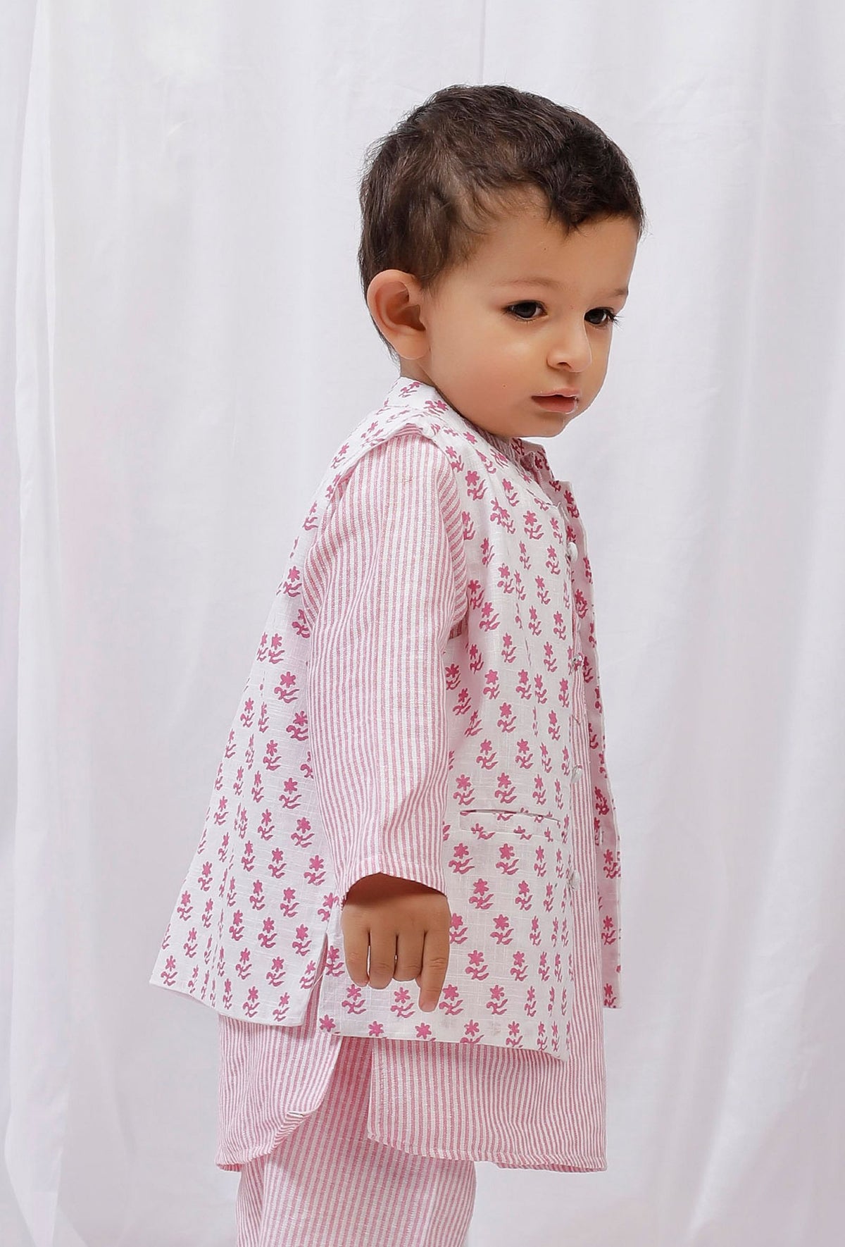 Pink Block Printed Floral Nehru Cotton Sleeveless Jacket サイズ 4〜5歳