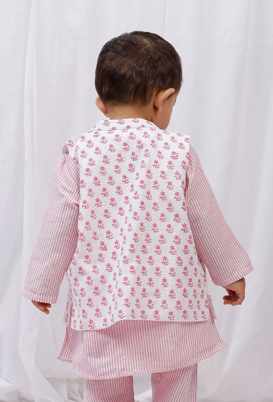 Pink Block Printed Floral Nehru Cotton Sleeveless Jacket サイズ 4〜5歳