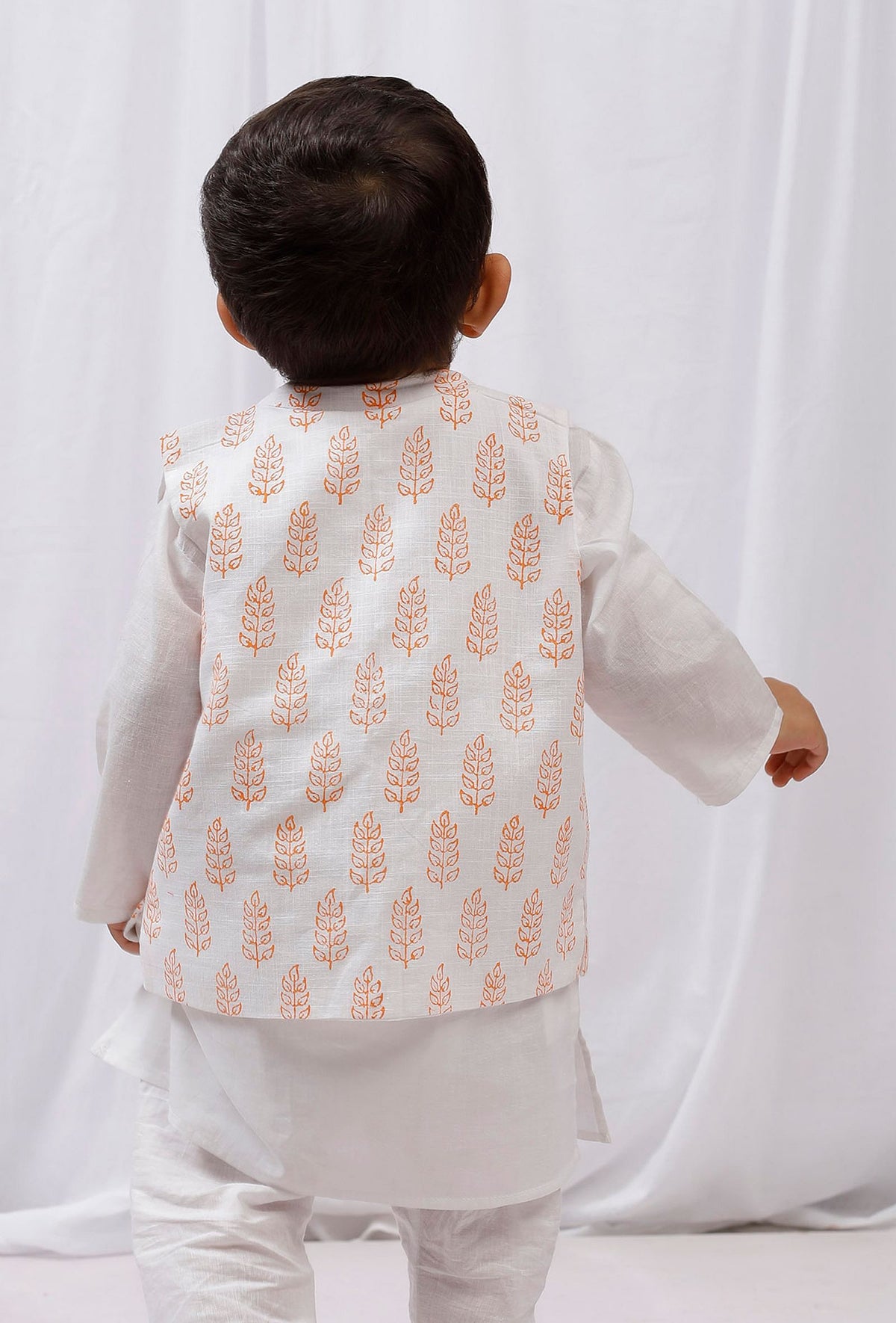 Orange Block Printed Floral Nehru Jacket サイズ 4〜5歳