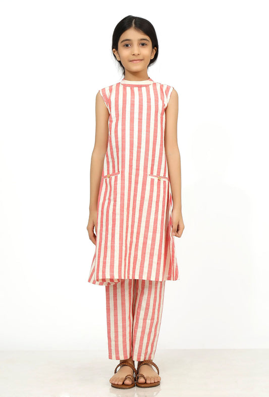 Set of 2: Scarlet Red Stripes Cotton Kurti with Pants サイズ 5〜6歳