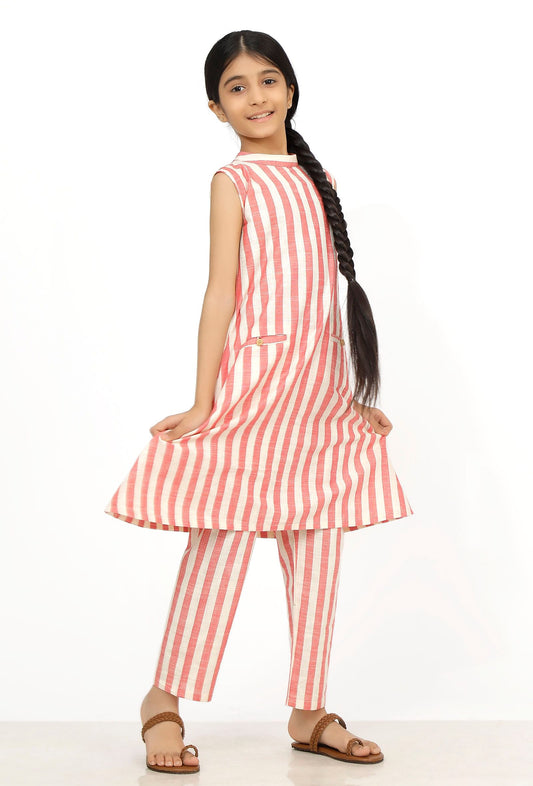 Set of 2: Scarlet Red Stripes Cotton Kurti with Pants サイズ 5〜6歳