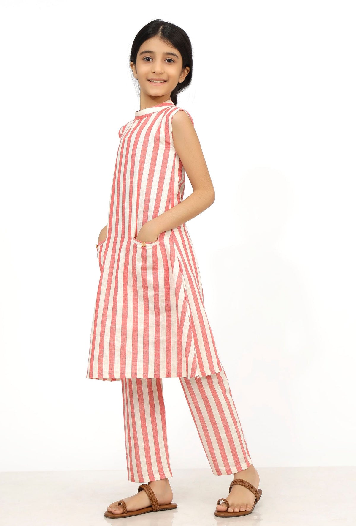 Set of 2: Scarlet Red Stripes Cotton Kurti with Pants サイズ 5〜6歳