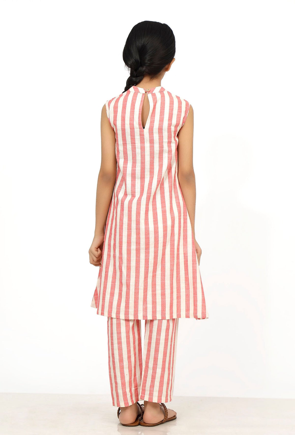 Set of 2: Scarlet Red Stripes Cotton Kurti with Pants サイズ 5〜6歳