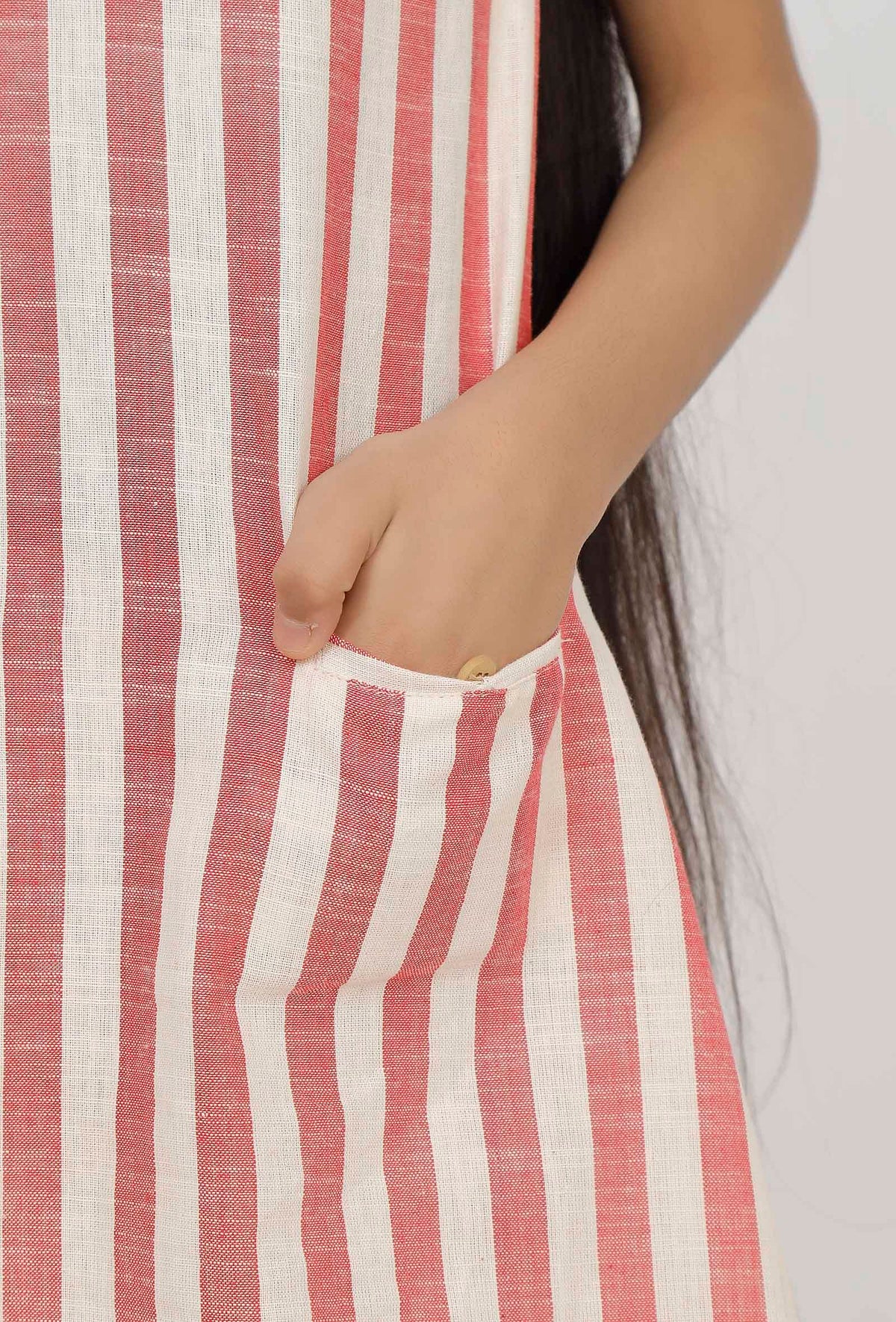 Set of 2: Scarlet Red Stripes Cotton Kurti with Pants サイズ 5〜6歳
